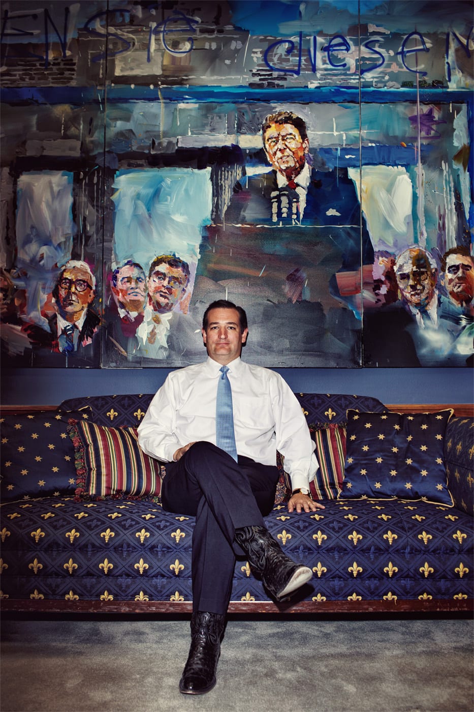 Texas Senator Ted Cruz poses for a portrait in his office, which notably features a very large painting by the artist Steve Penley of President Ronald Reagan delivering his "tear down this wall" Brandenburg Gate speech.