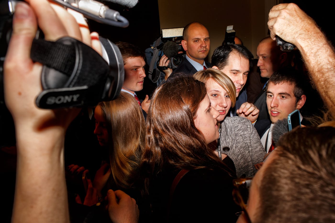 Wisconsin Governor Scott Walker is mobbed after speaking at CPAC in National Harbor, MD on Friday, February 27, 2015.
