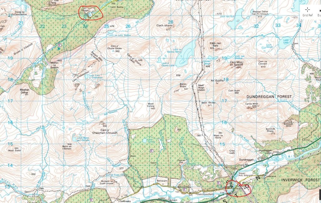 07.Day Three. Screenshot of my route from Cougie to Torgyle Bridge. This is what my Ordnance Survey Landranger maps looked like. I had mine wrapped in large, gallon Ziploc bags to keep them dry during storms. This section shows my route from Cougie, circled in the upper left, to the Torgyle Bridge, lower right. About a seven-mile mile stretch of open country going south across a large trackless moor until I reached the tiny road heading three miles east to the bridge. I almost never follow paved roads on a hike; this was a rare exception. It would then be another ten miles to Fort Augustus, my destination for the night. 