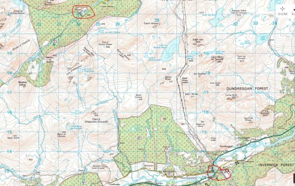 07.Day Three. Screenshot of my route from Cougie to Torgyle Bridge. This is what my Ordnance Survey Landranger maps looked like. I had mine wrapped in large, gallon Ziploc bags to keep them dry during storms. This section shows my route from Cougie, circled in the upper left, to the Torgyle Bridge, lower right. About a seven-mile mile stretch of open country going south across a large trackless moor until I reached the tiny road heading three miles east to the bridge. I almost never follow paved roads on a hike; this was a rare exception. It would then be another ten miles to Fort Augustus, my destination for the night.